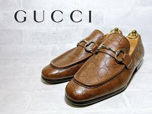 定価12万円越【未使用】GUCCI グッチ 高級 ホースビットローファー シマ GG柄 茶 本革 レザー 41（約26cm）メンズ 正規品 イタリア製