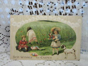 イースター　ドイツ製　アンティーク　絵葉書　ポストカード　鈴蘭エンボス　子供　犬　エッグハンド　花束　アメリカ切手1913年