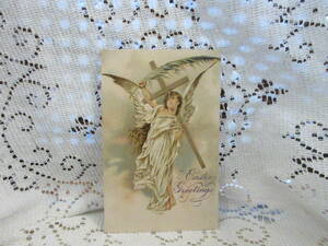 イースター　ドイツ製　アンティーク　絵葉書　ポストカード　エンボス　天使　女神　パームの葉　十字架　雲　未使用