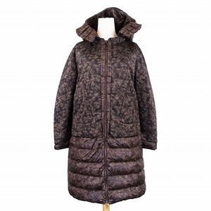 モンクレール MONCLER LORA ダウン コート ジャケット ロング ナイロン 総柄 ロゴ ワッペン フード 2 ブラウン 茶色 a112