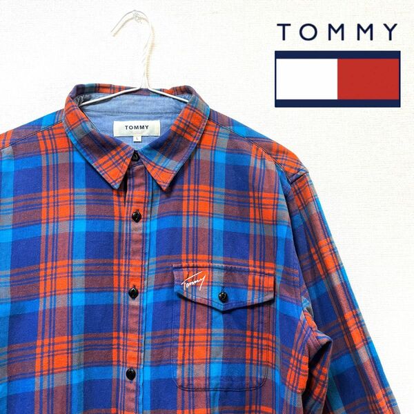 TOMMY (トミー) チェック柄ネルシャツ Yシャツ ブルー×オレンジ カジュアルシャツ 羽織り トップス メンズ ユニセックス