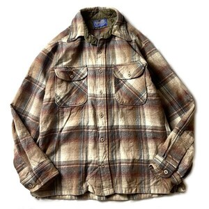 アメカジ! 70s USA製 PENDLETON ペンドルトン ヴィンテージ オンブレチェック柄 ウール 長袖 ネルシャツ ベージュ ブラウン M メンズ 古着