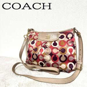 美品COACH コーチショルダーバッグハンドバッグピンクシグネチャー総柄