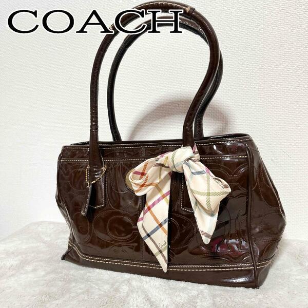 美品COACH コーチハンドバッグトートバッグブラウン茶カラーチェックスカーフ