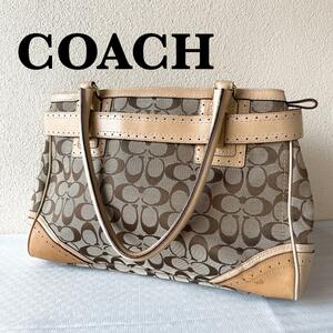 美品COACHコーチセミショルダーバッグトートバッグブラウン茶シグネチャー総柄