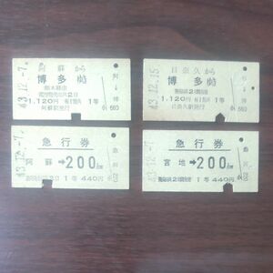 硬券、１等、急行券、乗車券、熊本県から博多、計4枚