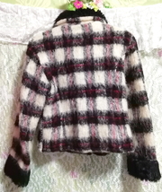 日本製黒白赤チェック柄フワフワショートコートカーディガン/外套/アウター Made in japan black white red fluffy coat cardigan mantle_画像3