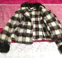 日本製黒白赤チェック柄フワフワショートコートカーディガン/外套/アウター Made in japan black white red fluffy coat cardigan mantle_画像8