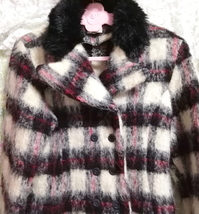 日本製黒白赤チェック柄フワフワショートコートカーディガン/外套/アウター Made in japan black white red fluffy coat cardigan mantle_画像5