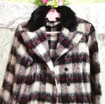 日本製黒白赤チェック柄フワフワショートコートカーディガン/外套/アウター Made in japan black white red fluffy coat cardigan mantle_画像4