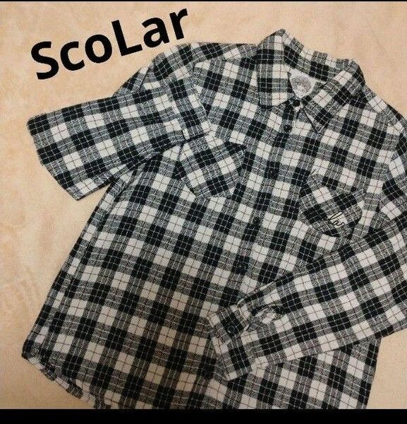 ScoLar猫型刺繍ポケット チェックシャツ