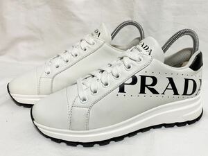 希少 超美品 プラダ PRADA 1E597M レザー ロゴ ローカット シークレット 厚底 スニーカー 35 21.5～22㎝ レディース カジュアルシューズ 靴