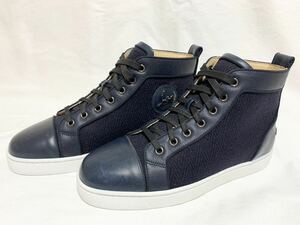 超美品 クリスチャン ルブタン Christian Louboutin レザー ウール ハイカット スニーカー 39 1/2 24～24.5㎝ メンズ 靴 ダークネイビー