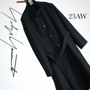 23AW обычная цена примерно 15 десять тысяч ..yohji yamamoto POUR HOMME ремень воротник-стойка длинное пальто Yohji Yamamoto бассейн Homme черный чёрный 