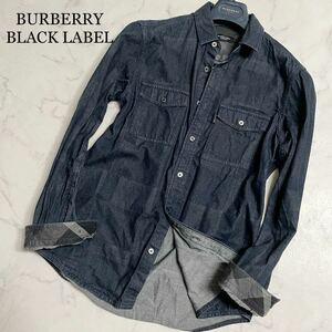 美品◆BURBERRY BLACK LABEL バーバリーブラックレーベル◆デニムシャツ シャドーチェック ビッグチェック Mサイズ 青系メンズ ジャケット