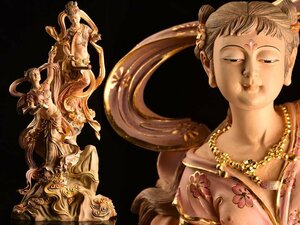【琴》送料無料 仏教美術 木彫彩色特大天女置物 高65cm KT249