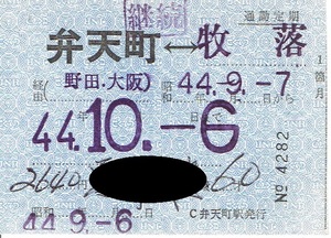 【通勤定期乗車券】弁天町⇔牧落　昭和44年　国鉄