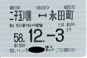 【通勤定期乗車券】東京急行　東急電鉄　二子玉川園⇔永田町　昭和58年