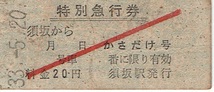 折れ【B型硬券 特別急行券】長野電鉄　かさだけ号　須坂駅　昭和33年_画像1