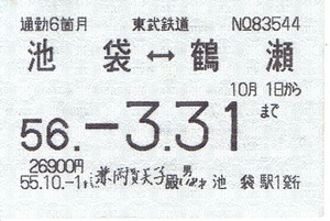 【通勤定期乗車券】東武鉄道　池袋⇔鶴瀬　昭和56年