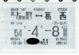 【通勤定期乗車券】交通営団　地下鉄上野　銀座線⇔葛西　昭和54年