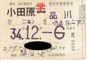 【通学定期乗車券】小田原⇔品川　昭和34年　国鉄