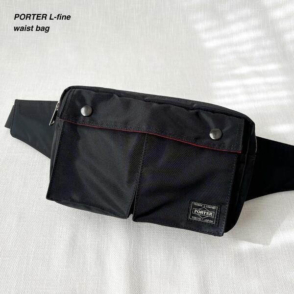 ＜極美品・ILSコラボ!!＞■PORTER ポーター×エルファイン ウエストバッグ ボディ 斜めがけ 裏地レッド お洒落 ブラック 黒 LYD383-06696