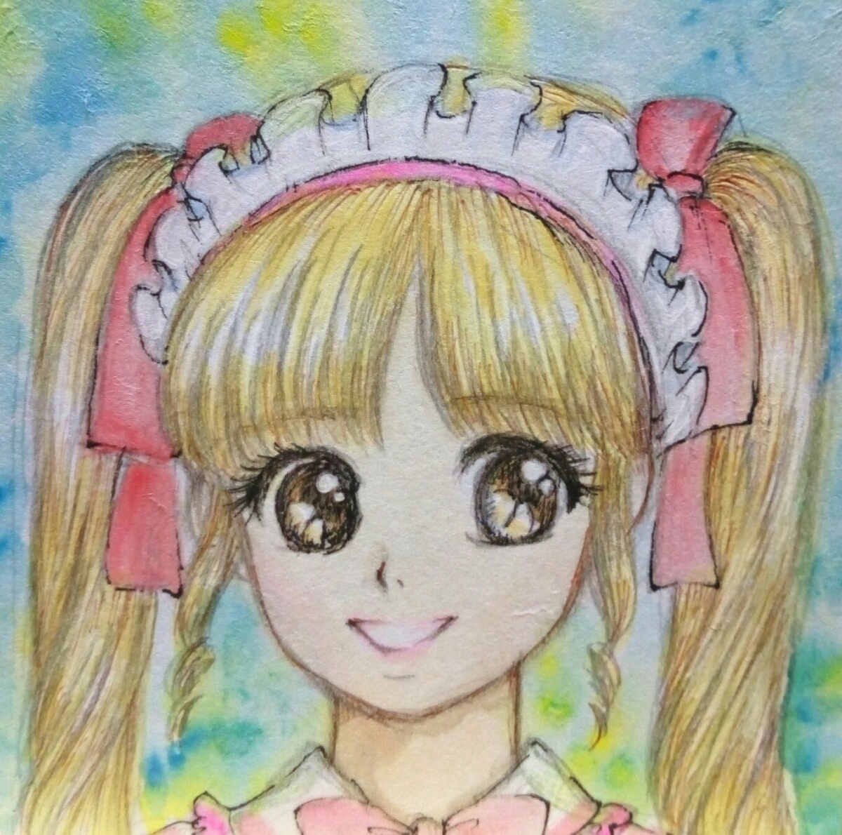 Illustration dessinée à la main Serveuse originale Emi Twin Tails Mameshikishi Art original Peinture à l'aquarelle unique en son genre Fille [Shizuka Aoki], des bandes dessinées, produits d'anime, illustration dessinée à la main