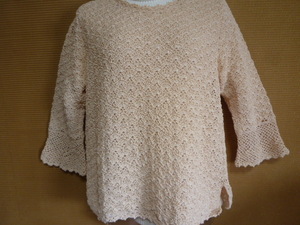 ハンドメイド手編み 総模様 かぎ針編み ピンク系 ニットセーター 7分袖 試着のみ 夏糸