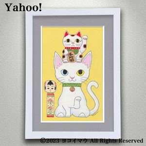 Art hand Auction Original order painting White cat, beckoning cat and traditional kokeshi doll Illustration/Art/Painting/Cat/Lucky charm, Artwork, Painting, acrylic, Gash