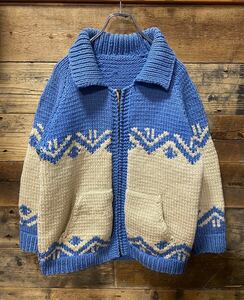 60s～70s ヴィンテージ カウチンニット C&Cジップ ライトブルー×アイボリー / vintage カウチン セーター Sweater カーディガン 水色