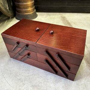 木製裁縫箱 ソーイングボックス ヴィンテージ 昭和レトロ アンティーク 裁縫道具 小物入れ 木箱 3段