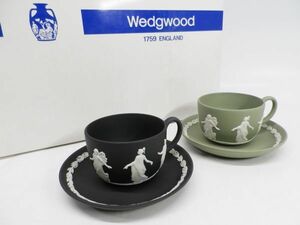 21●a225☆未使用保管品　ウェッジウッド　ジャスパーウェア　ティーカップ＆ソーサー　ブラック・グリーン　WEDGWOOD　現状