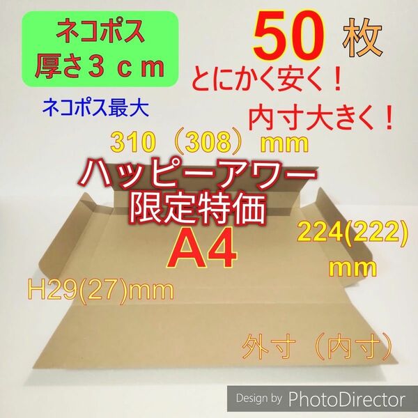 発送用50枚ネコポス最大サイズ 厚さ3㎝ 対応A4 ダンボール 箱 