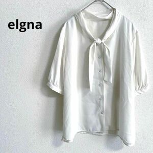 w442 エルガナ elgna【XL】ボウタイシフォンブラウス　白　ホワイト　半袖　パフスリーブ　シアー　きれいめ　オフィス