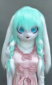 着ぐるみヘッド ウサギ ミントグリーン 兎面 垂れ耳 全頭ヘッド ケモノ マスク ファースーツ ぬいぐるみ コスプレ コスチューム