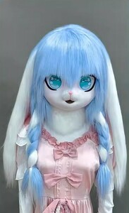 着ぐるみヘッド ウサギ ブルー 兎面 垂れ耳 全頭ヘッド ケモノ マスク ファースーツ ぬいぐるみ コスプレ コスチューム