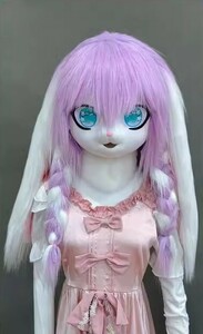 着ぐるみヘッド ウサギ 紫 白耳 兎面 垂れ耳 全頭ヘッド ケモノ マスク ファースーツ ぬいぐるみ コスプレ コスチューム