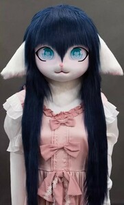 着ぐるみヘッド 猫 垂れ耳 紺 全頭ヘッド ケモノ マスク ファースーツ ぬいぐるみ コスプレ コスチューム