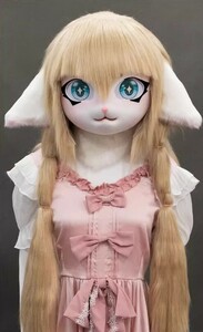 着ぐるみヘッド 猫 垂れ耳 薄い茶色 全頭ヘッド ケモノ マスク ファースーツ ぬいぐるみ コスプレ コスチューム