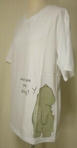 【夏、半袖Ｔシャツ！】【恐竜！】レディス　綿100％　前身頃　ロゴ＆イラスト（恐竜）プリント　半袖　Tシャツ＜オフ白：Mサイズ＞:0305