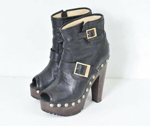 3030-24B0328★ジミーチュウ JIMMY CHOO★大人マニッシュ♪ ベルトデザイン ハードスタッズ ブーティー 35ハーフ 黒 オープントゥ