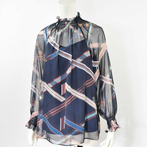 2723-24B0446★アナイ ANAYI 美品★リボンベルトプリント シャーリングシースルーブラウス 38 ネイビー 紺 39600円