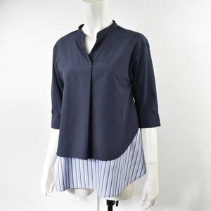 2559-24B0420*INDIVI Indivi S small size beautiful goods *...! Layered manner key neck over blouse 05 navy blue × blue stripe 