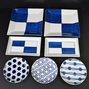 1265-24B0205★和食器おまとめ出品★和風 藍色 正方形大皿2枚・長方形2枚・丸中皿3枚 の画像1