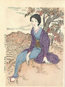 竹久夢二版画「花をたづねて」　木版画　「夢二名作集（加藤版画研究所）」より　30.5×22　台紙38.5×29.2　Yumeji Takehisa