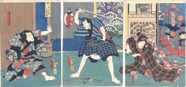 Triptyque d'images du théâtre des trois générations de Toyokuni, Ukiyo-e, Nishiki-e, Impression sur bois, Environ. 37, 5 x 26 chacun, Utagawa Toyokuni, Kunisada, Toyokuni, Peinture, Ukiyo-e, Impressions, Peinture Kabuki, Peintures d'acteur