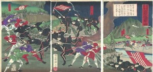 周延「鹿児島征討記聞　田原坂進撃ノ圖」　3枚続　明治10年　約各36.5×25　浮世絵　錦絵　木版画　楊洲周延　Chikanobu