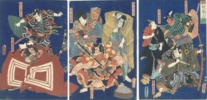 豊国三代「相続栄三升」　3枚続　浮世絵　錦絵　木版画　約各36.5×25　歌川豊国　国貞　Toyokuni