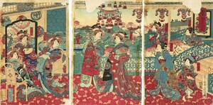 Art hand Auction Fusatane Ukiyoe Spring Evening Yayoi dans son estampe Full Bloom Woodblock, triplicata, environ. 35 x 24 chacun, Peinture, Ukiyo-e, Impressions, Peintures de guerriers